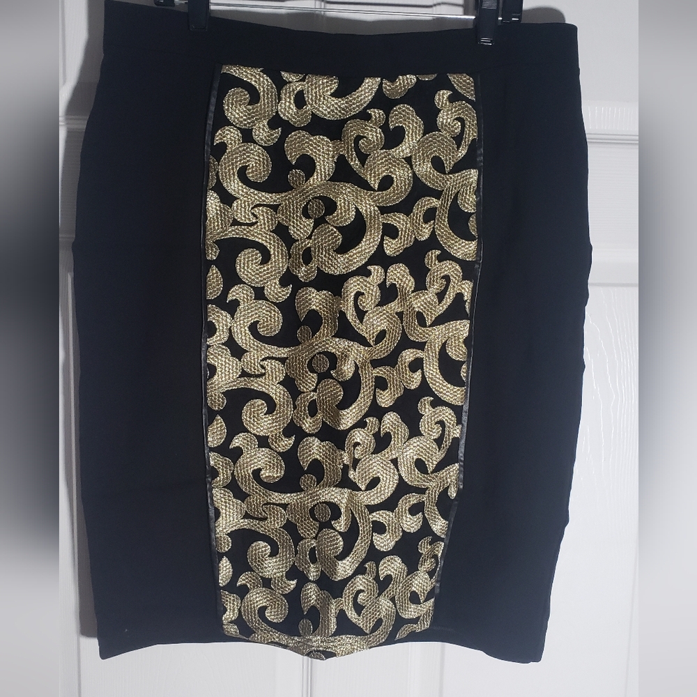 Wendy Williams 1x black gold Ponte skirt nwt faux leather trim plus size
